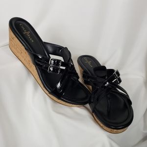 Cole Haan Black Patent Cork Wedge Corby Thong